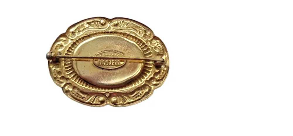 Miriam Haskell Gold Tone Faux Pearl Oval Repousse… - image 3