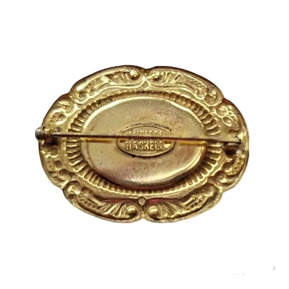 Miriam Haskell Gold Tone Faux Pearl Oval Repousse… - image 4