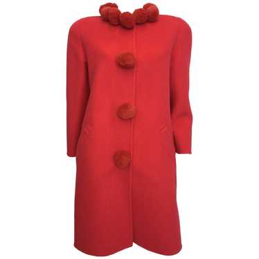 Bill Blass 1980's Pink Coral Pom Pom Wool Coat