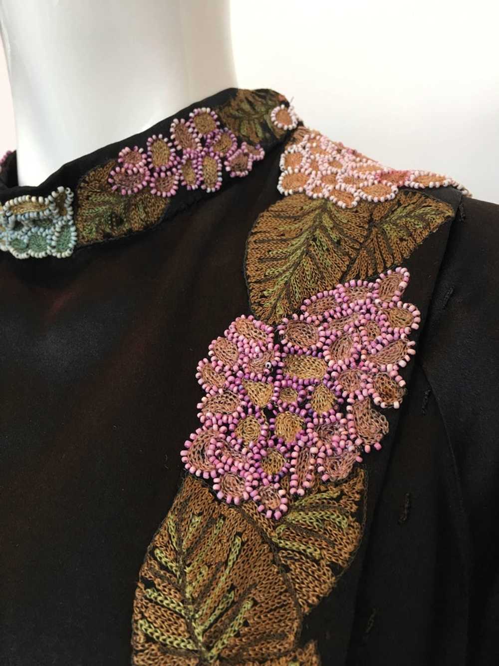 1920's Handmade Black Silk Embroidered and Beaded… - image 10