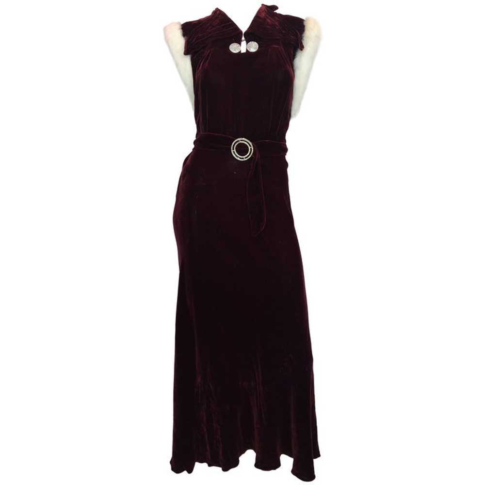 Vintage 1930's Burgundy Velvet Dress with Rabbit … - image 1
