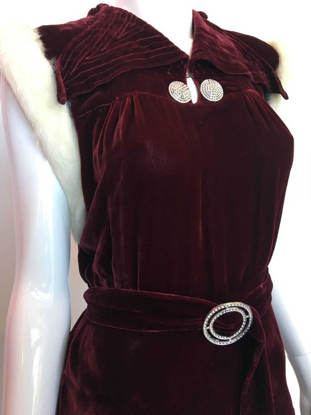 Vintage 1930's Burgundy Velvet Dress with Rabbit … - image 2