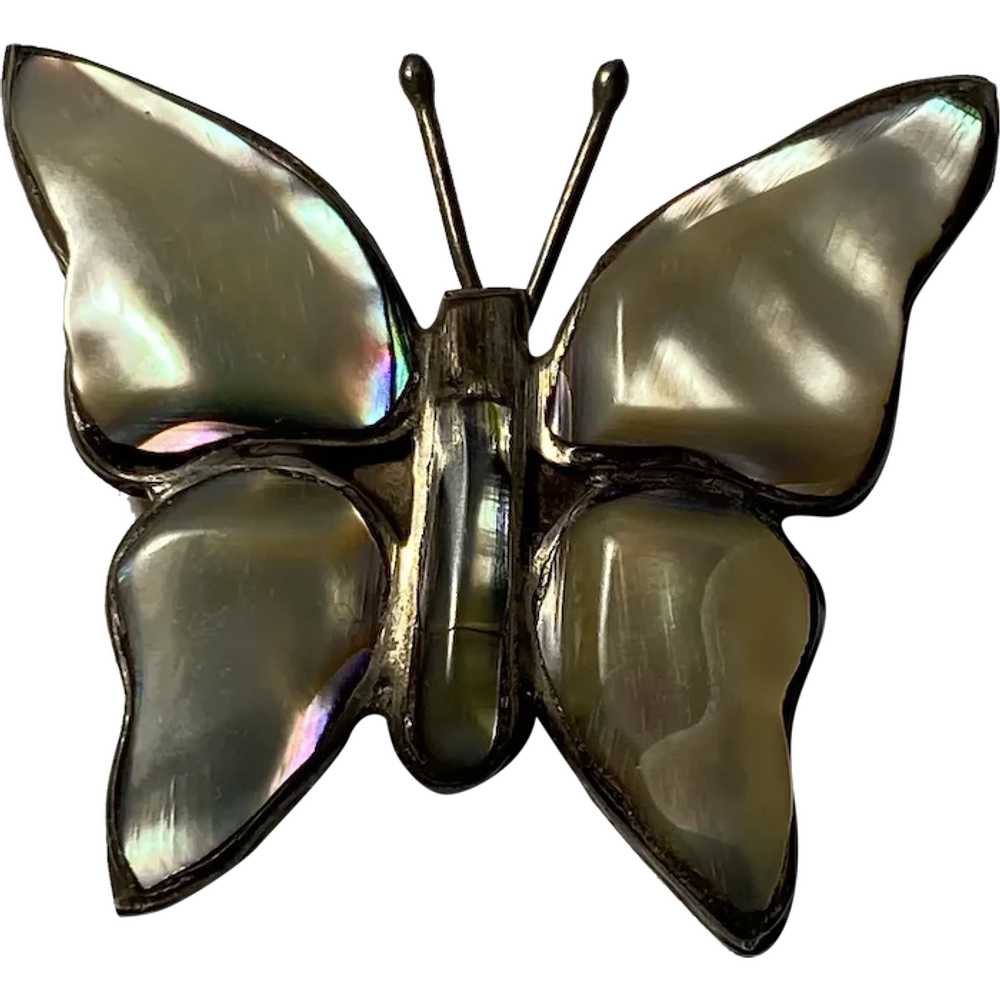 Mother of Pearl butterfly Pin Brooch Mexican Silv… - image 1