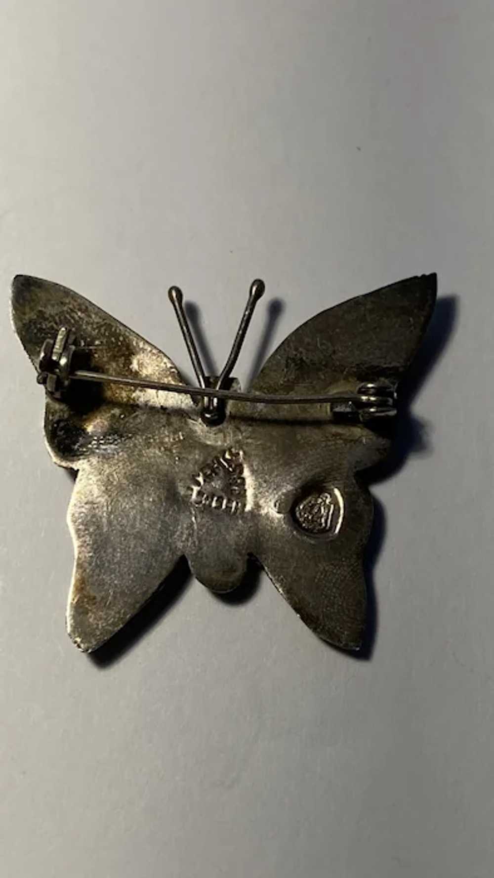 Mother of Pearl butterfly Pin Brooch Mexican Silv… - image 2