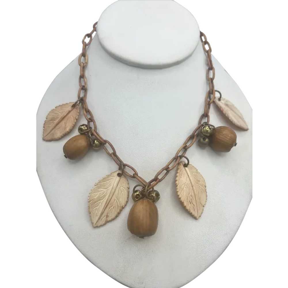 Vintage Leaf Acorn Necklace Lucite Brass Wood - image 1