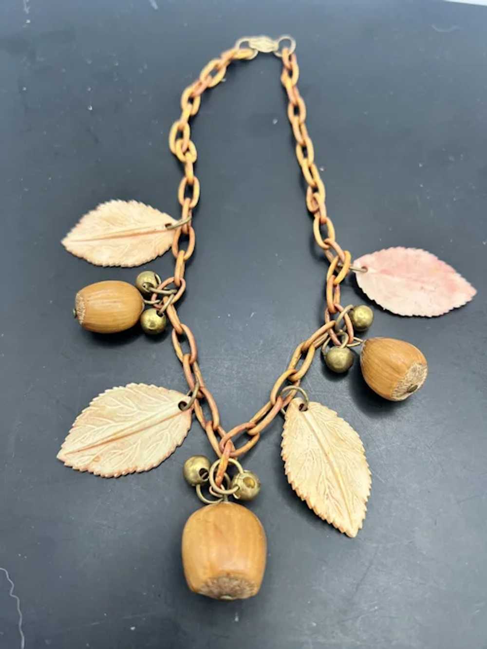 Vintage Leaf Acorn Necklace Lucite Brass Wood - image 2