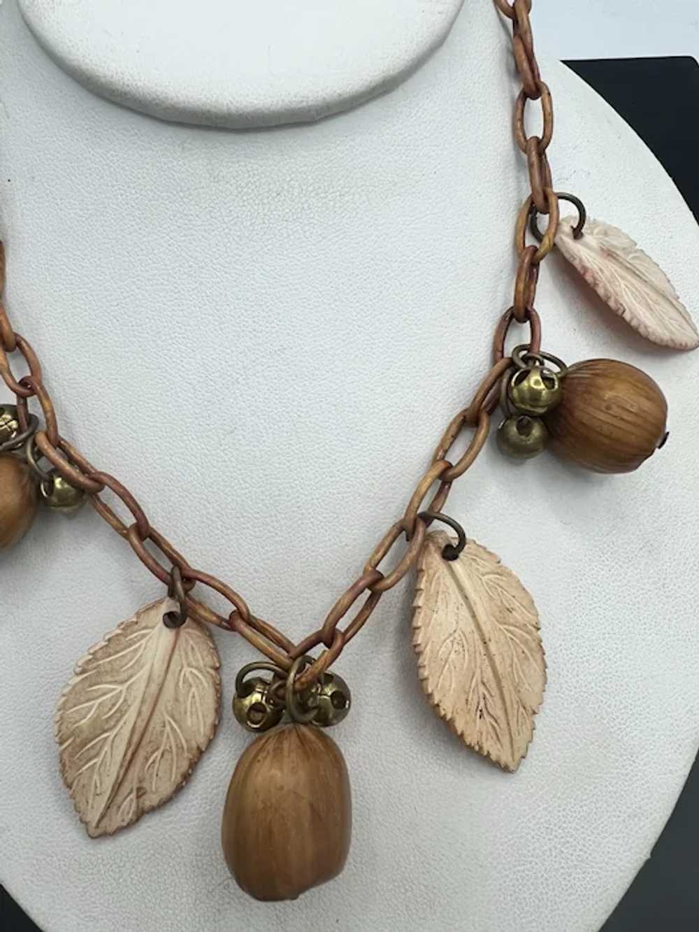 Vintage Leaf Acorn Necklace Lucite Brass Wood - image 3