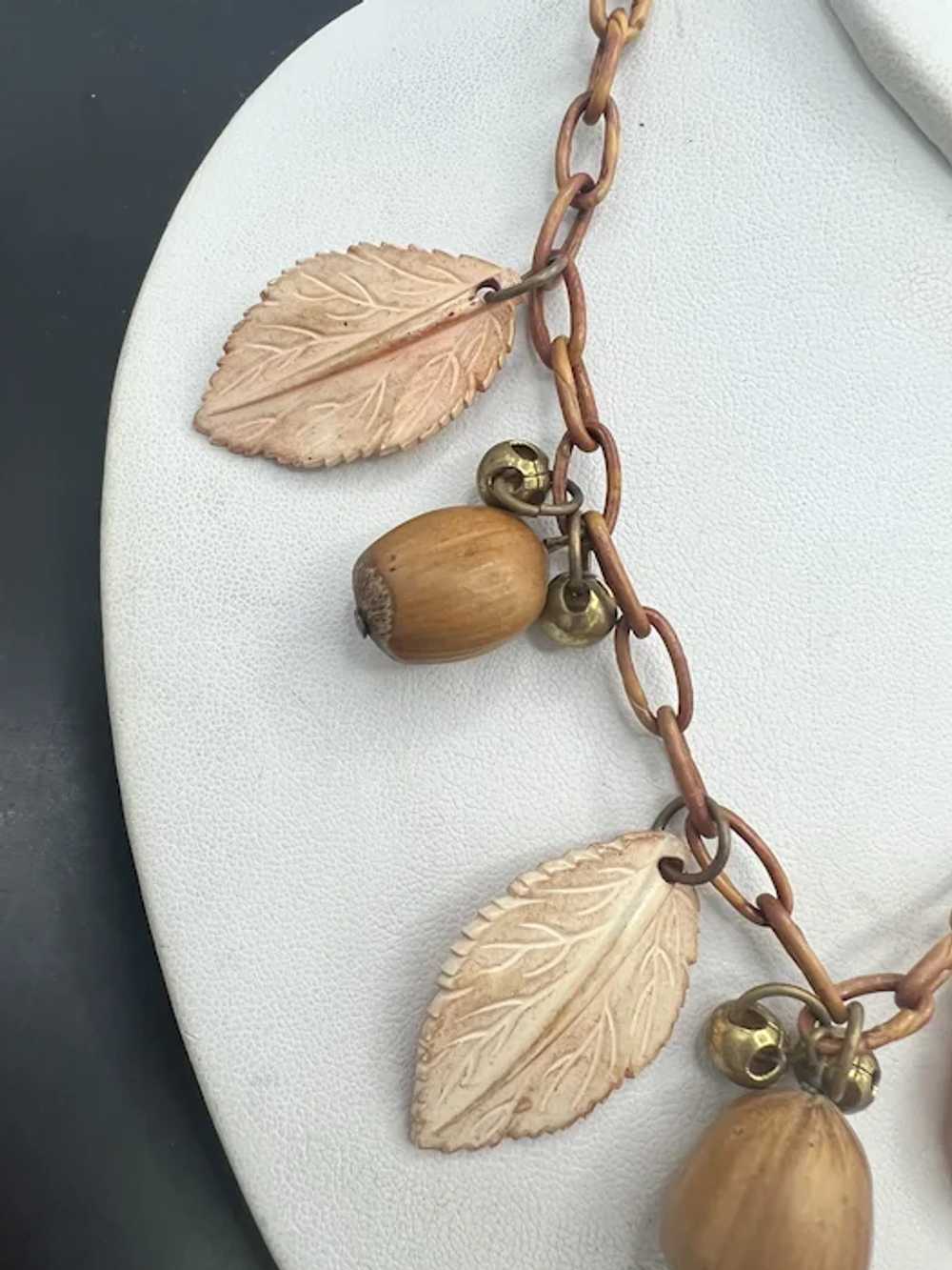 Vintage Leaf Acorn Necklace Lucite Brass Wood - image 4