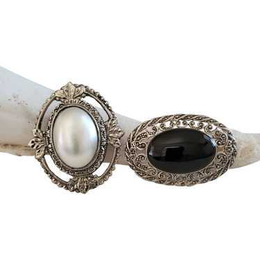 Faux Black and White Pearl Brooches with Silver L… - image 1