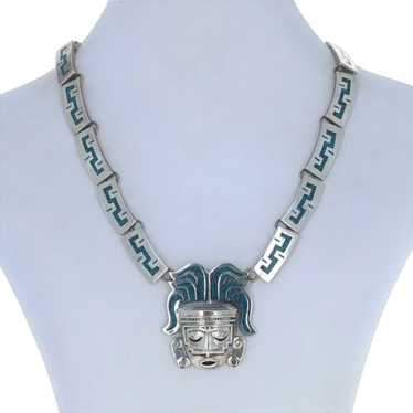 Sterling Silver Turquoise Vintage Mask Necklace 1… - image 1