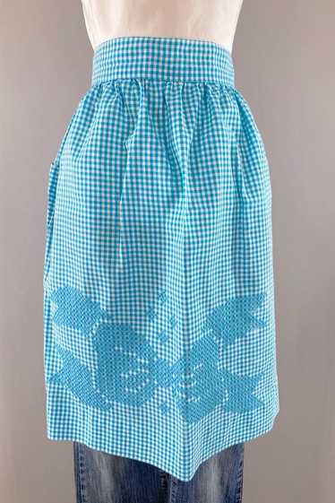 Vintage Aqua Gingham Cross-stitch Bow Half Apron