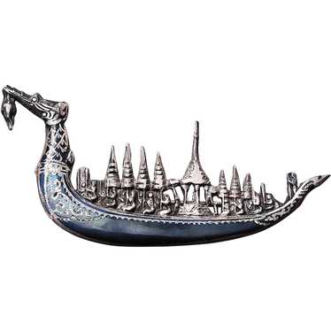 Exotic Sterling DRAGON BOAT Niello Vintage Brooch 