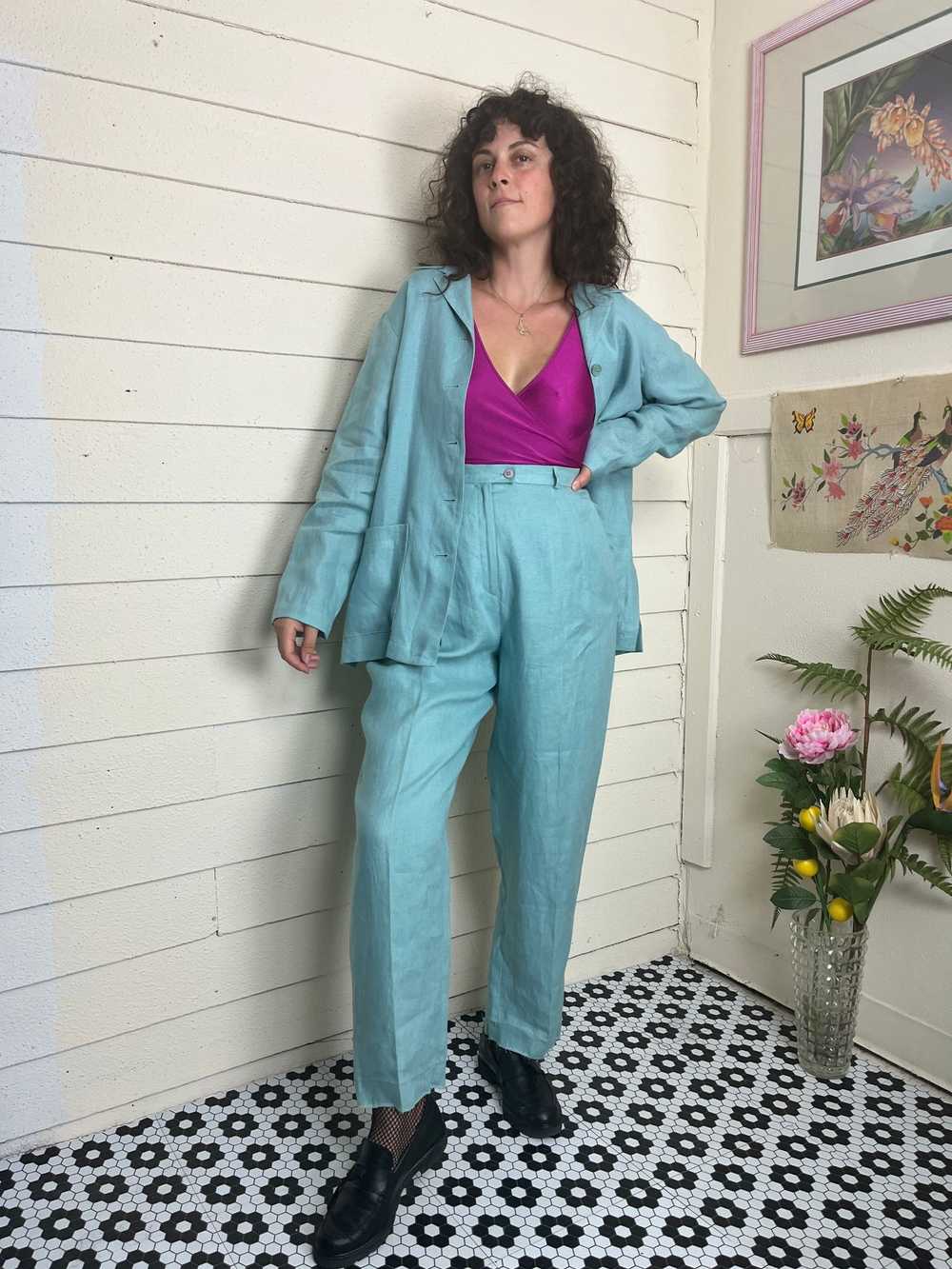 90s SEA FOAM GREEN IRISH LINEN PANT SUIT - image 1