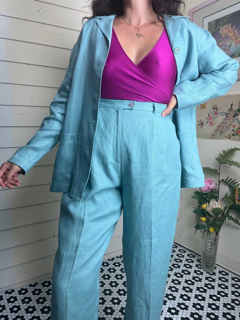 90s SEA FOAM GREEN IRISH LINEN PANT SUIT - image 2