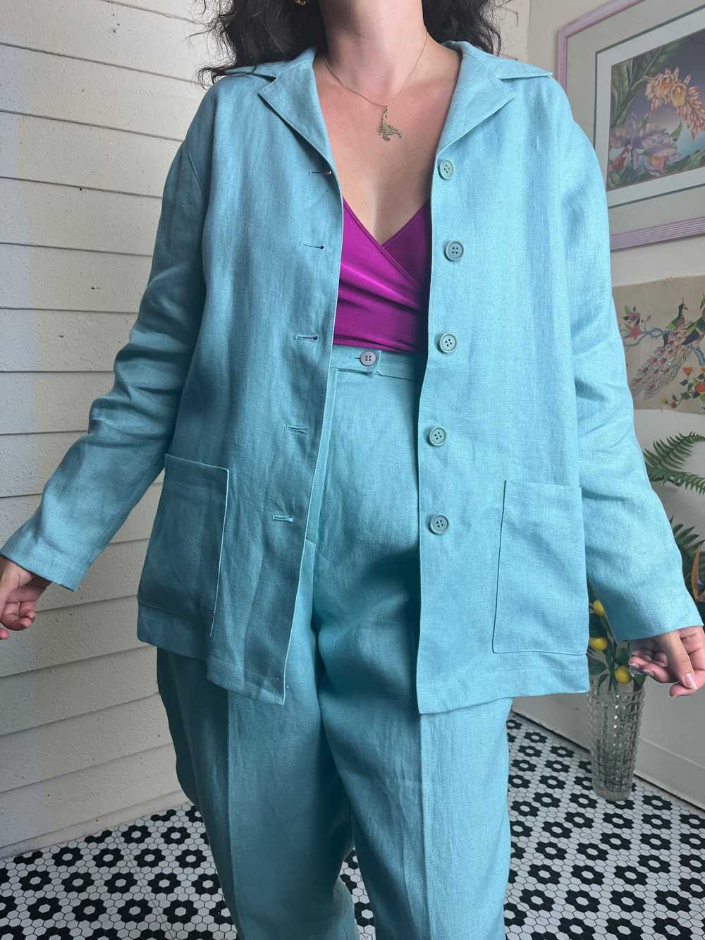 90s SEA FOAM GREEN IRISH LINEN PANT SUIT - image 4