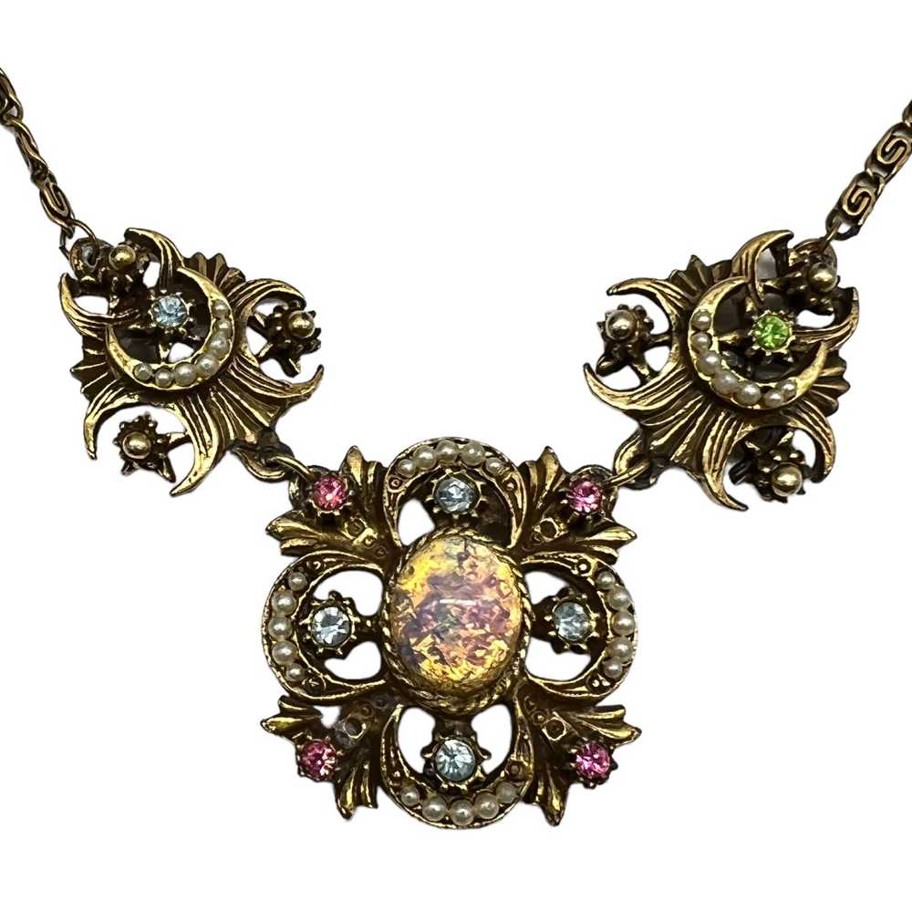 Victorian Revival Faux Fire Opal and Pearl Neckla… - image 3