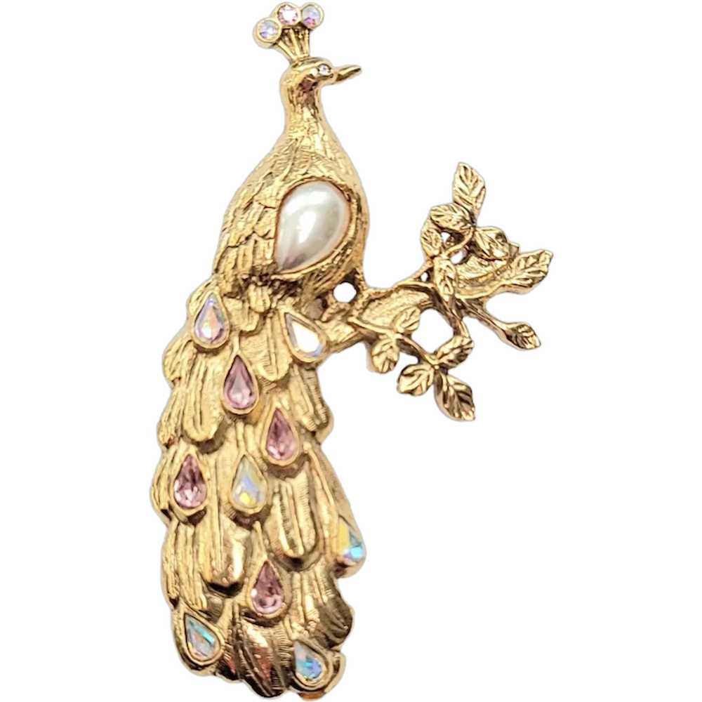 1928 Jewelry Gold Tone Faux Pearl Clear Rhineston… - image 1