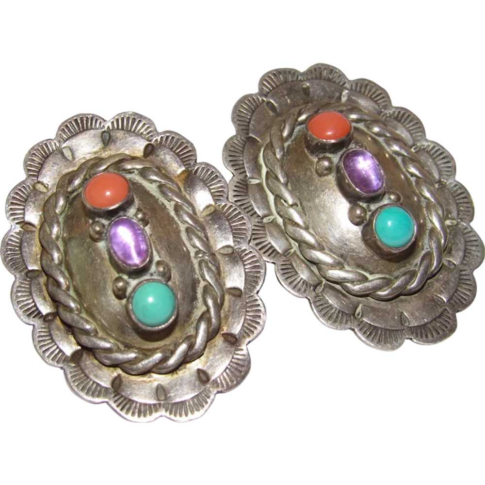 VTG Navajo Concho Earrings with Turquoise, Coral,… - image 1
