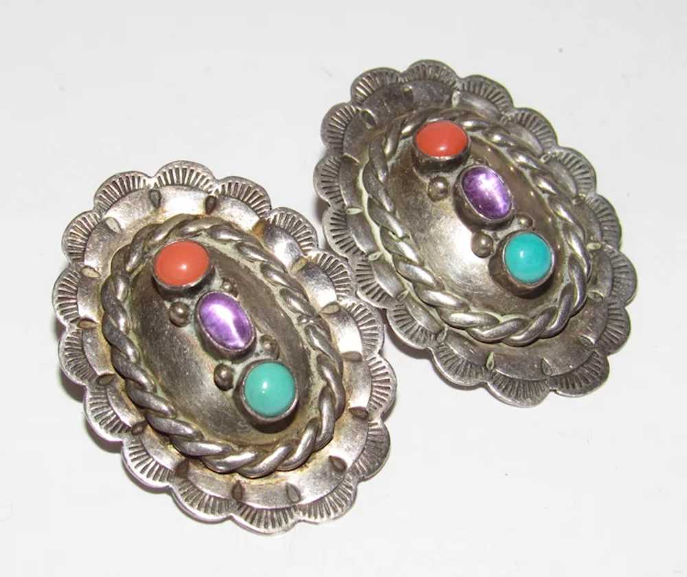 VTG Navajo Concho Earrings with Turquoise, Coral,… - image 3