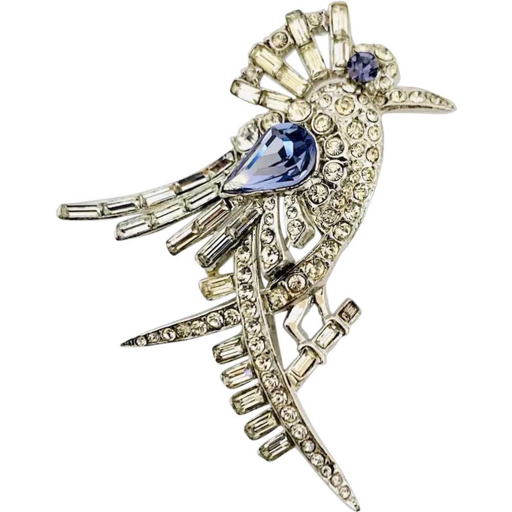 Crested Clear Rhinestone Bird Brooch with Violet-… - image 1