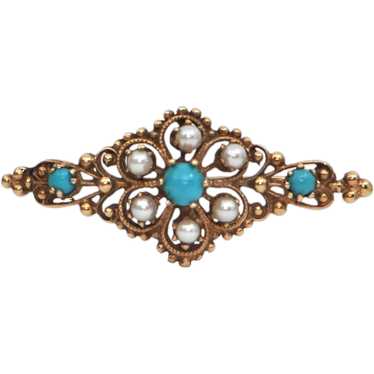 Retro Turquoise & Seed Pearl Brooch in 14k Yellow… - image 1
