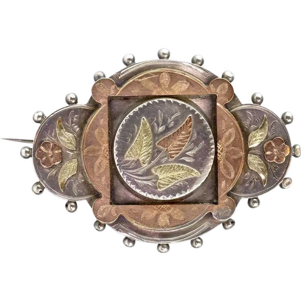 English Victorian 3-Color Silver & Gold Brooch - image 1