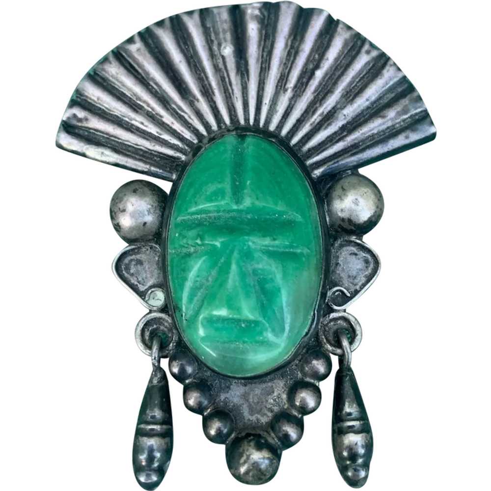 Vintage Mexico Sterling Silver and Carved Green O… - image 1