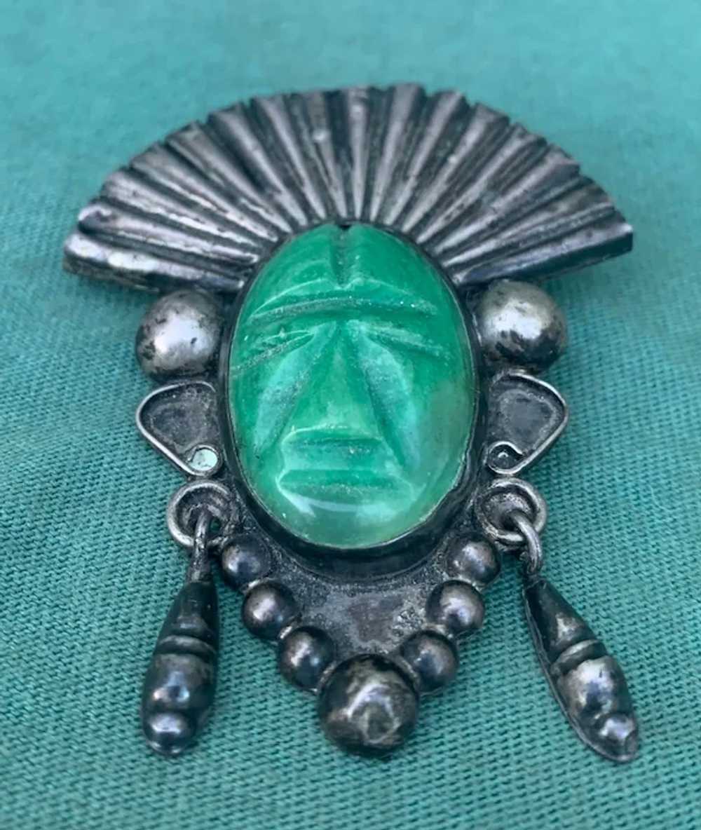 Vintage Mexico Sterling Silver and Carved Green O… - image 2