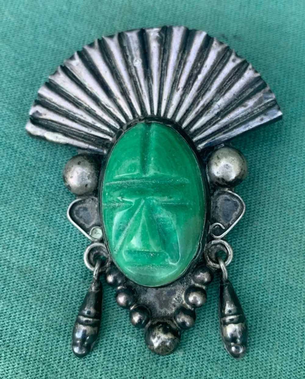 Vintage Mexico Sterling Silver and Carved Green O… - image 3