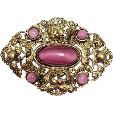 Gold Tone  Filigree  Pink Cab Oval Pin Brooch - image 1