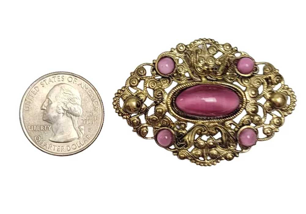 Gold Tone  Filigree  Pink Cab Oval Pin Brooch - image 2
