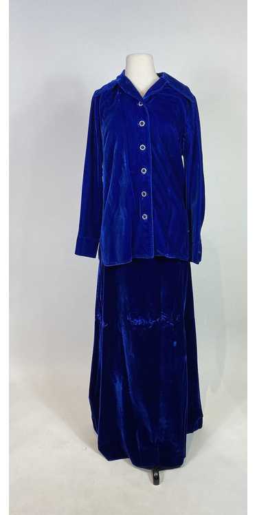 1970s Blue Velvet Skirt and Rhinestone Button Top