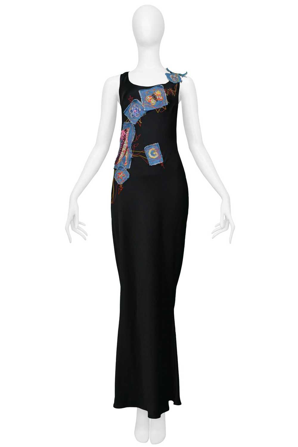 JOHN GALLIANO BLACK SATIN GOWN WITH PATCHWORK & E… - image 1