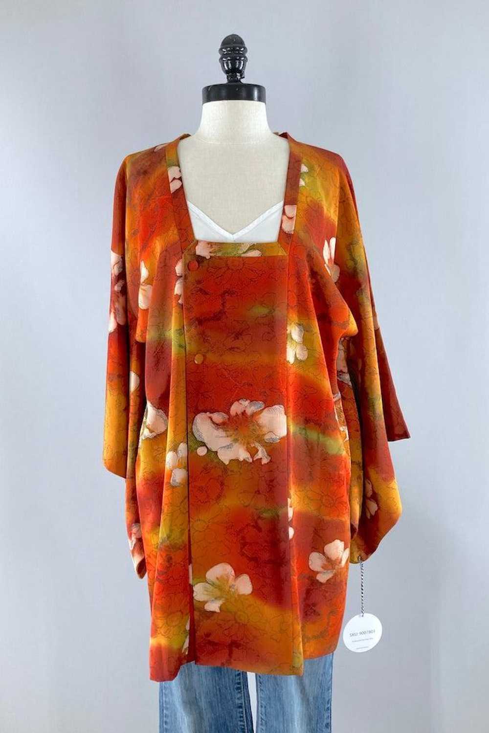 Vintage Orange Floral Silk Kimono Coat - image 1