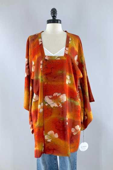 Vintage Orange Floral Silk Kimono Coat - image 1