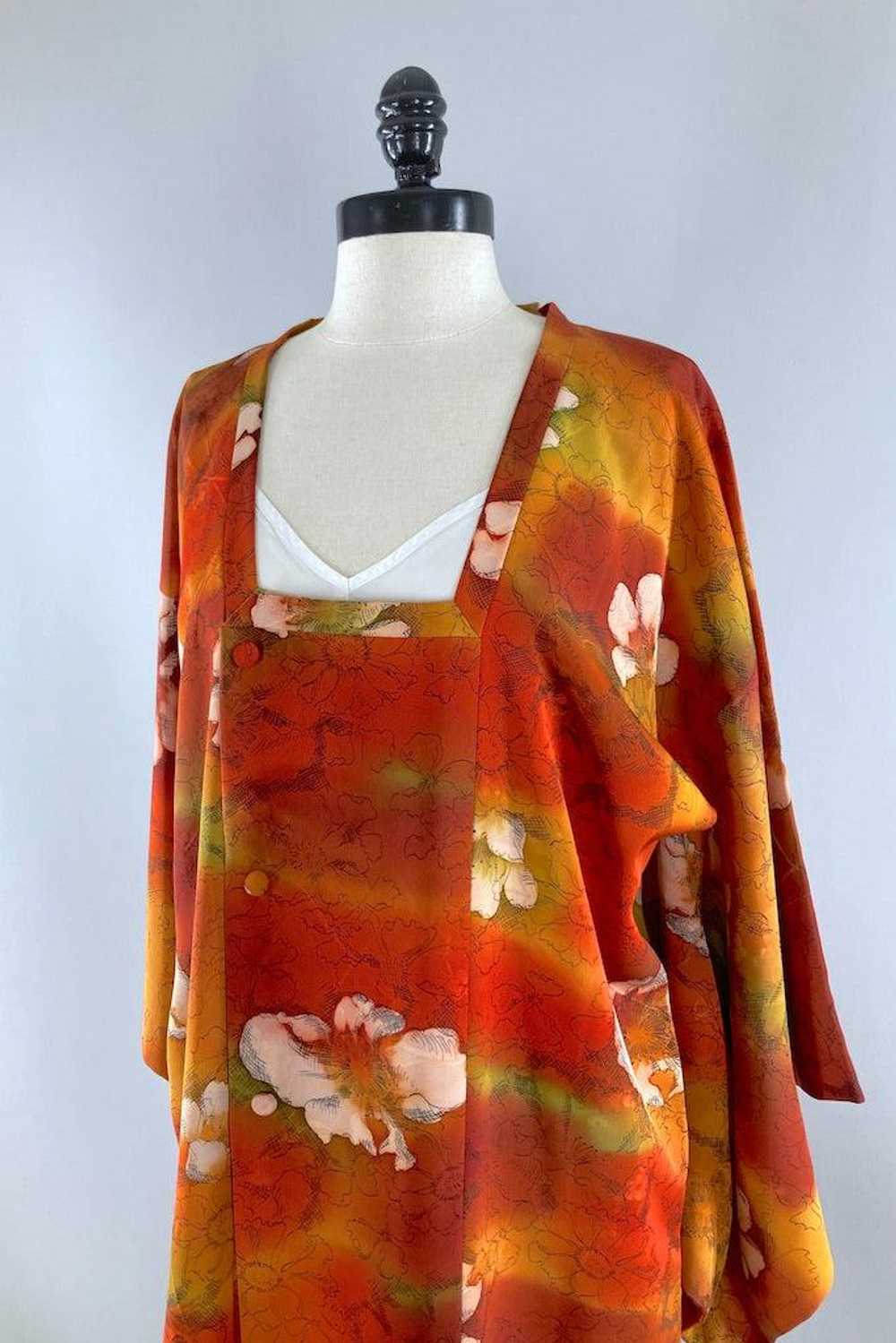 Vintage Orange Floral Silk Kimono Coat - image 2