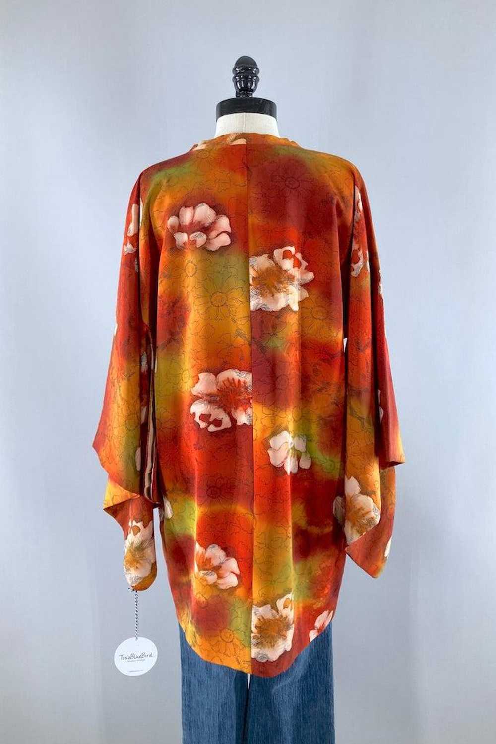 Vintage Orange Floral Silk Kimono Coat - image 4