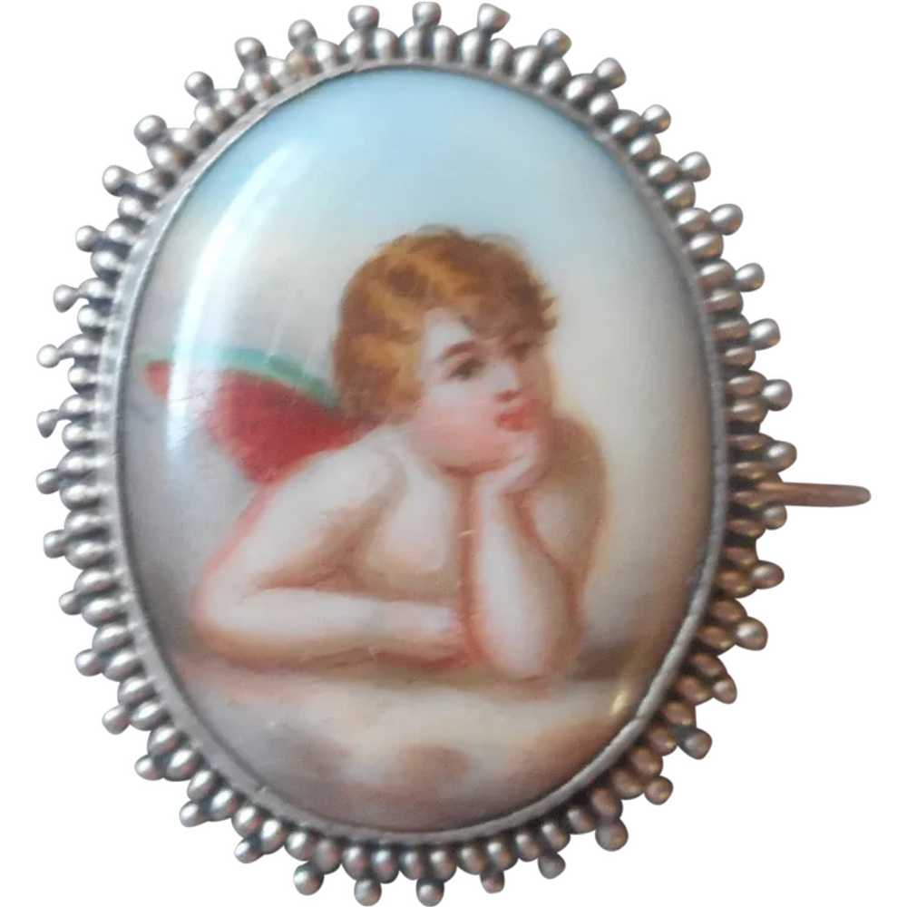 Antique Porcelain Sterling Silver Pin Cherub Hand… - image 1