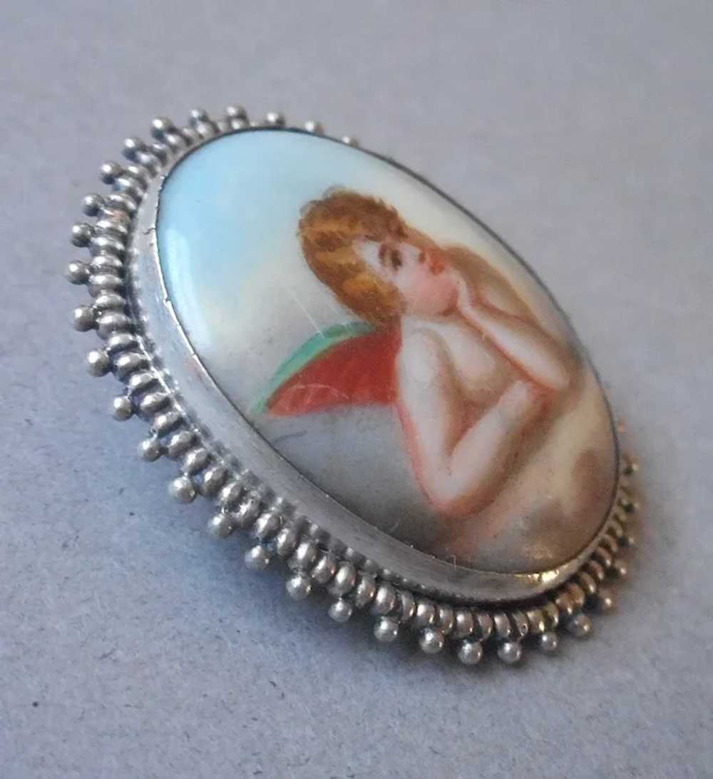 Antique Porcelain Sterling Silver Pin Cherub Hand… - image 3