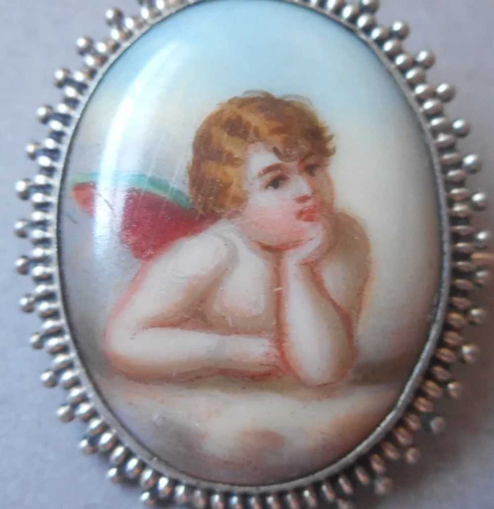 Antique Porcelain Sterling Silver Pin Cherub Hand… - image 5