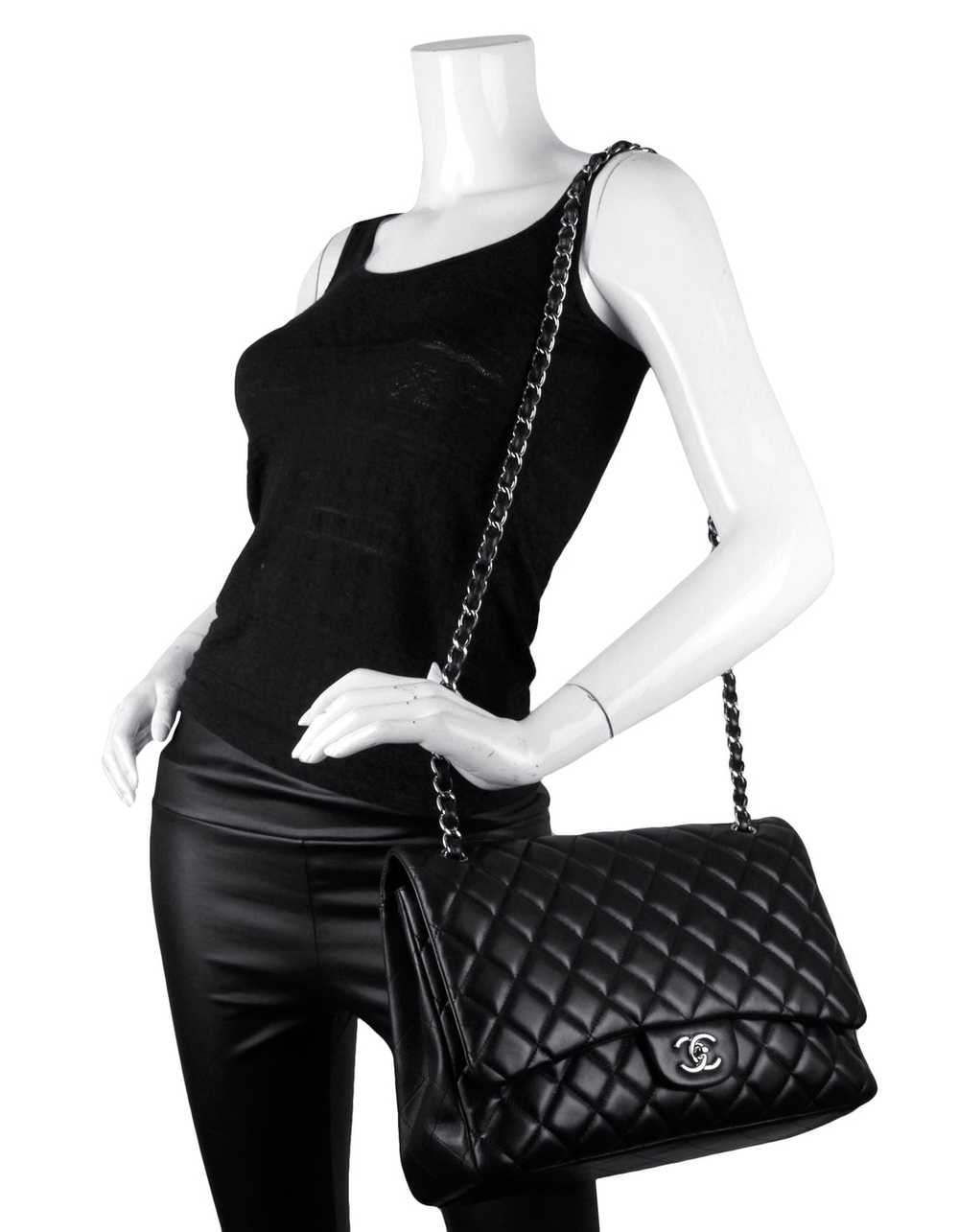 Chanel Black Lambskin Leather Single Flap Maxi Bag - image 3