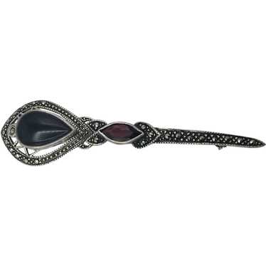 Onyx, Garnet, & Marcasite Brooch - Sterling Silver - image 1