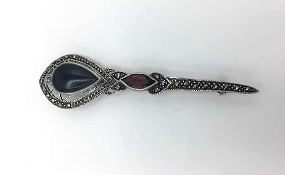 Onyx, Garnet, & Marcasite Brooch - Sterling Silver - image 3