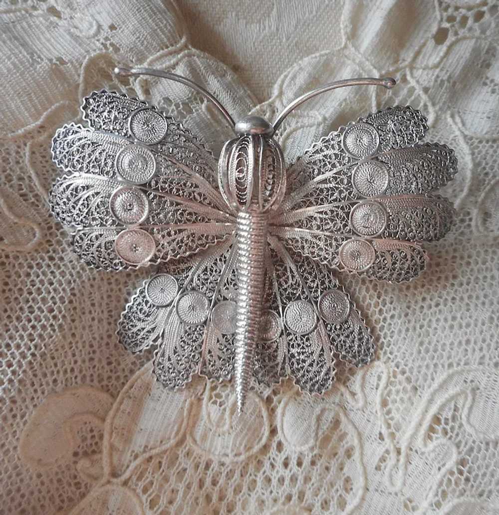 Large Silver Filigree Butterfly Pin Vintage Nice … - image 6