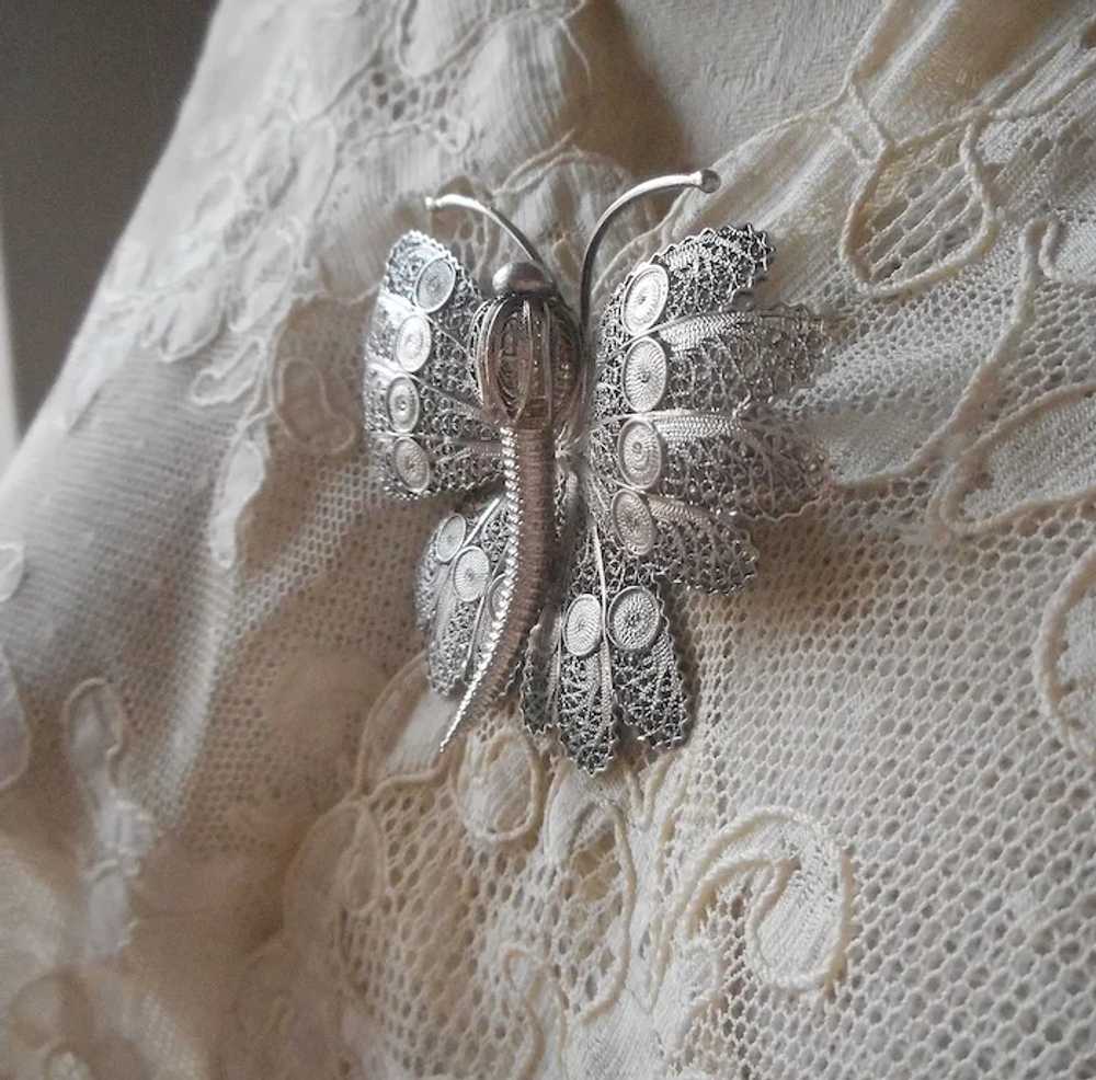 Large Silver Filigree Butterfly Pin Vintage Nice … - image 7
