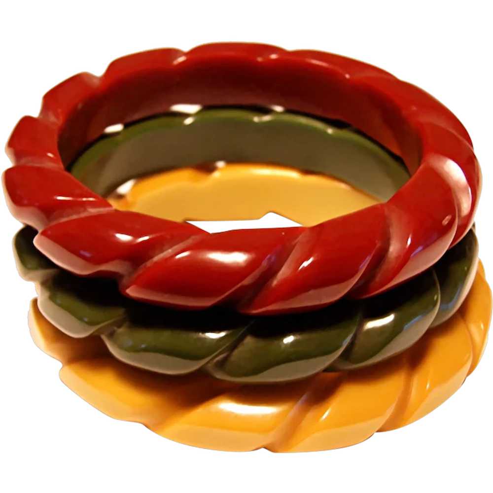 Three ROPE CARVED Bakelite Bracelets Bangles - Ri… - image 1