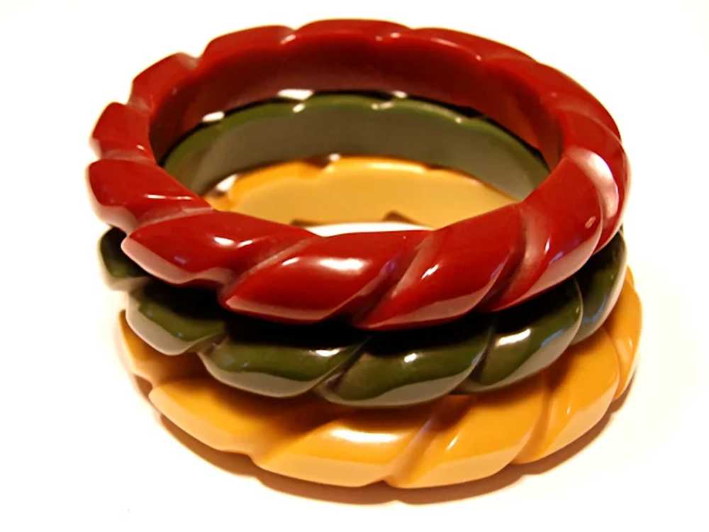 Three ROPE CARVED Bakelite Bracelets Bangles - Ri… - image 4