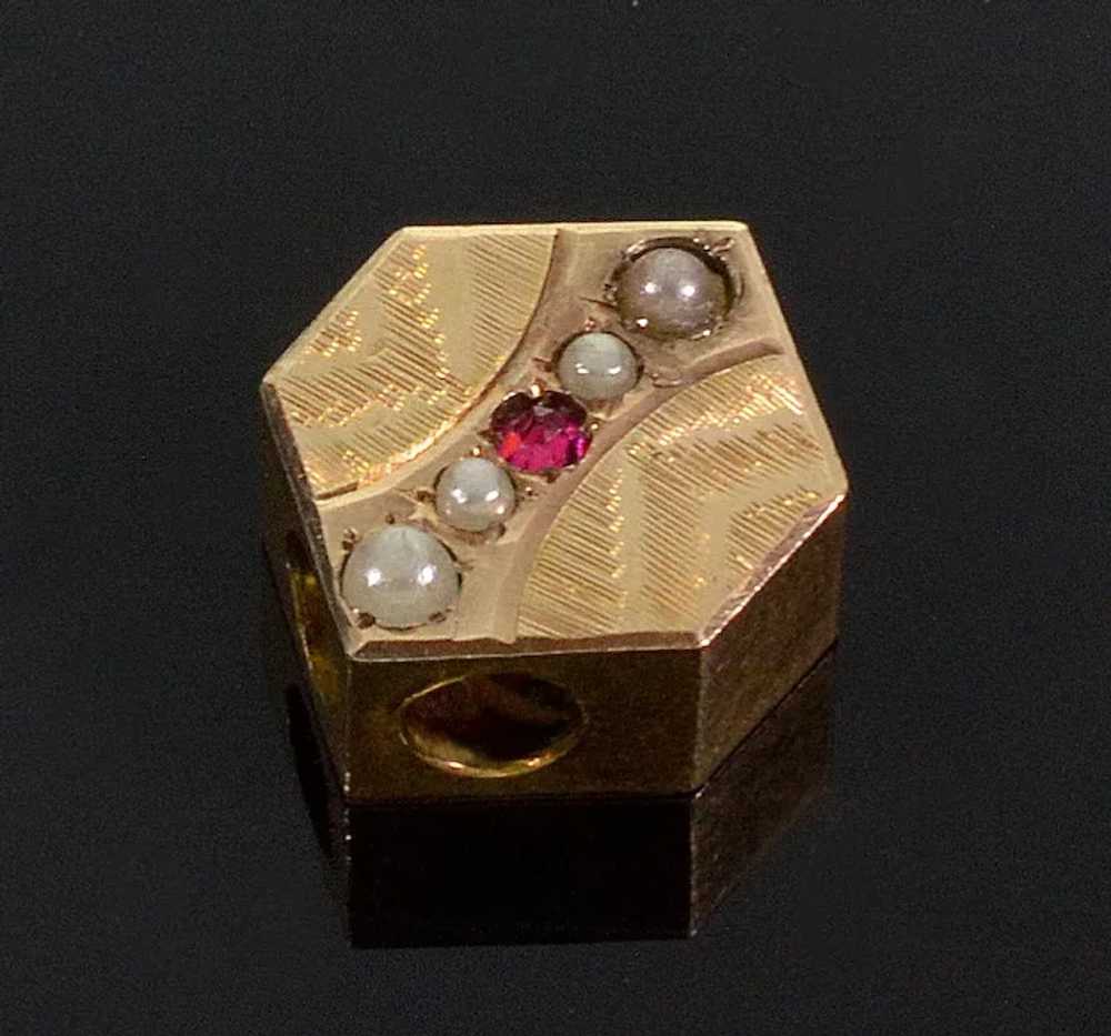 Antique Victorian 14K Gold Ruby Pearl Slide Charm… - image 2