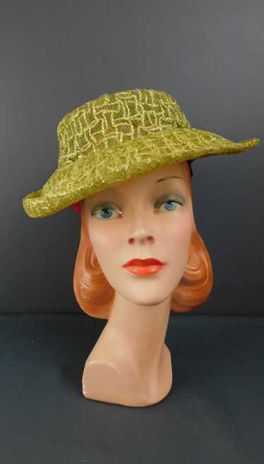 Vintage Sheer Green Raffia Hat with Large Back Flo