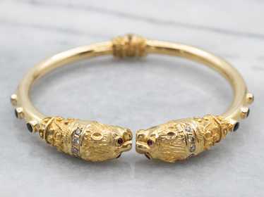 Bold Lion Gemstone Encrusted Gold Cuff Bracelet - image 1